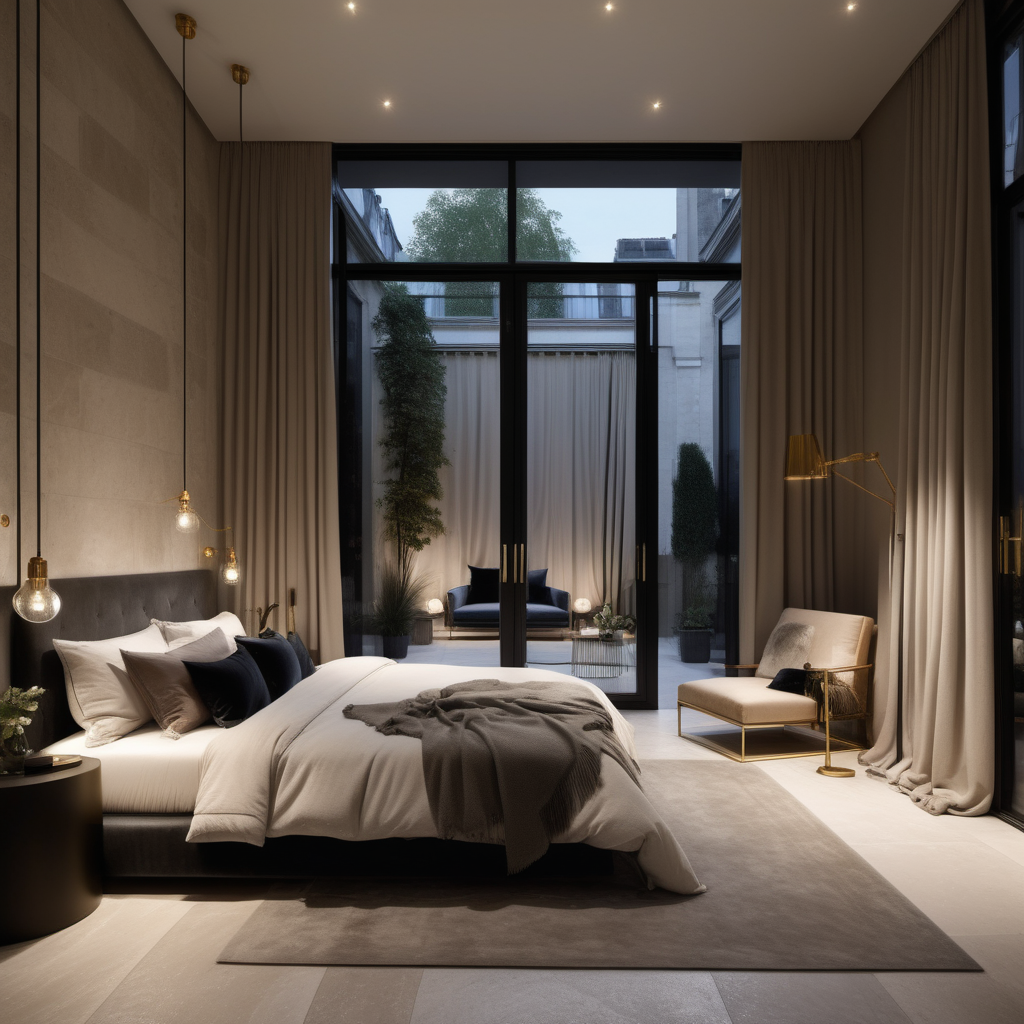 hyperrealistic of an elegant modern Parisian Master Bedroom at night; large glass doors overlooking the private courtyard with garden beds; vanity table; kind bed; floor to ceiling windows ; curtains; mood lighting;  Limestone flooring; beige, oak, brass and accents of black colour palette; modern brass pendant light
