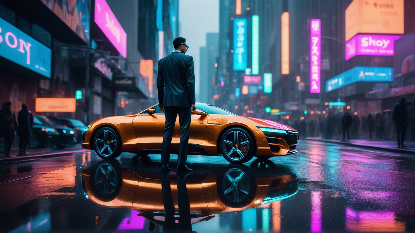 
ChatGPT
hyper-realistic photograph of a cyberpunk cityscape, focusing on a sharply-dressed man in a sleek suit, confidently stepping out from a high-tech luxury car with "SHIB" gleaming on the license plate. The plate's reflection dances on the wet, neon-lit pavement. Around him, the city thrums with life; holographic billboards pulse with cryptocurrency logos, rain-slick streets shimmer with the reflections of neon signs, and pedestrians cast long shadows in the ambient glow of the metropolis. Camera setup: Sony A7R IV, Sony FE 24mm f/1.4 GM, aperture wide open for a dramatic depth of field that keeps the man and the "SHIB" license plate in sharp focus against a bokeh-laden urban background --ar 16:9 --v 5 --q 2 --stylize 100