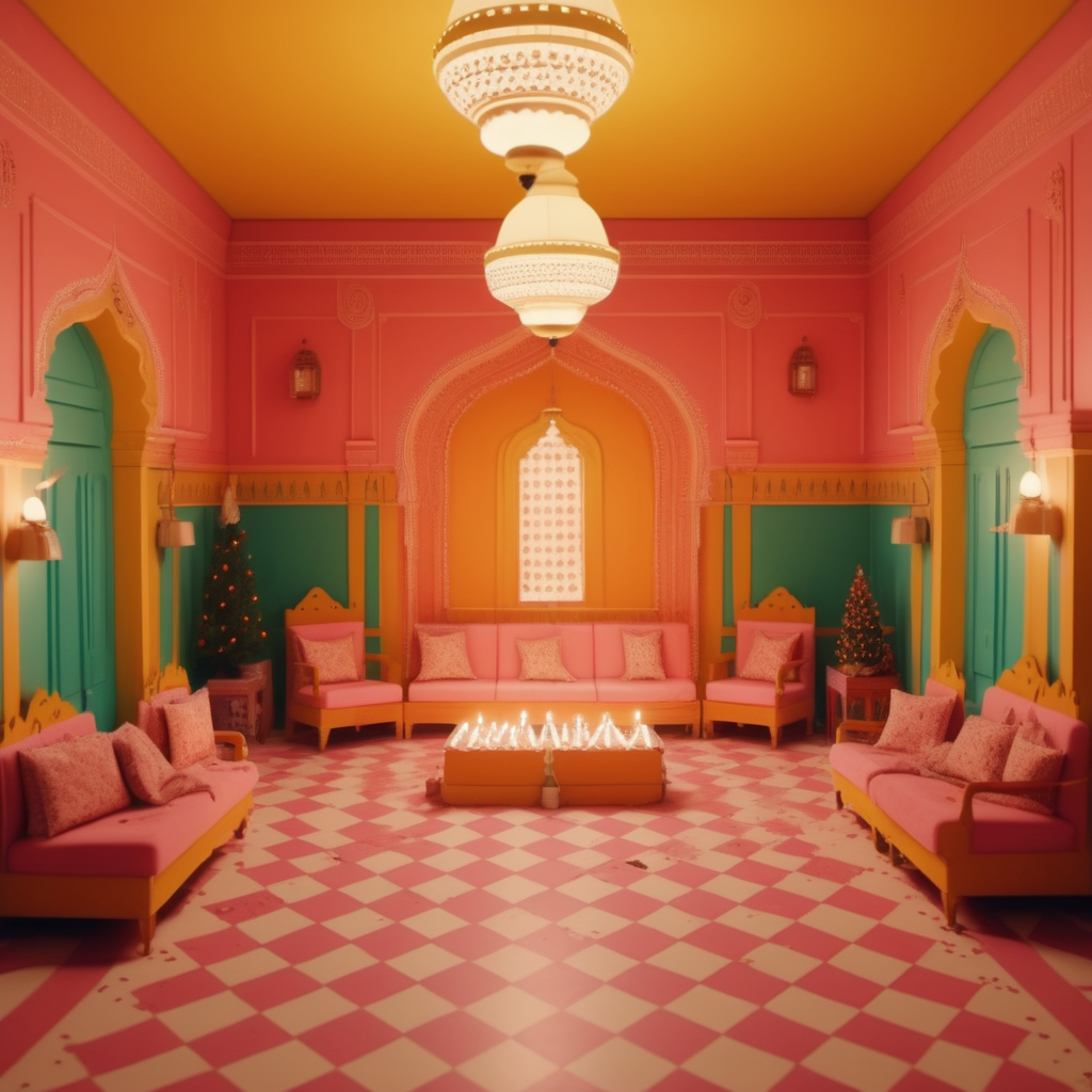 Anticipation of the upcoming festival season with Diwali, Christmas and birthdays, Wes Anderson cinematic setting