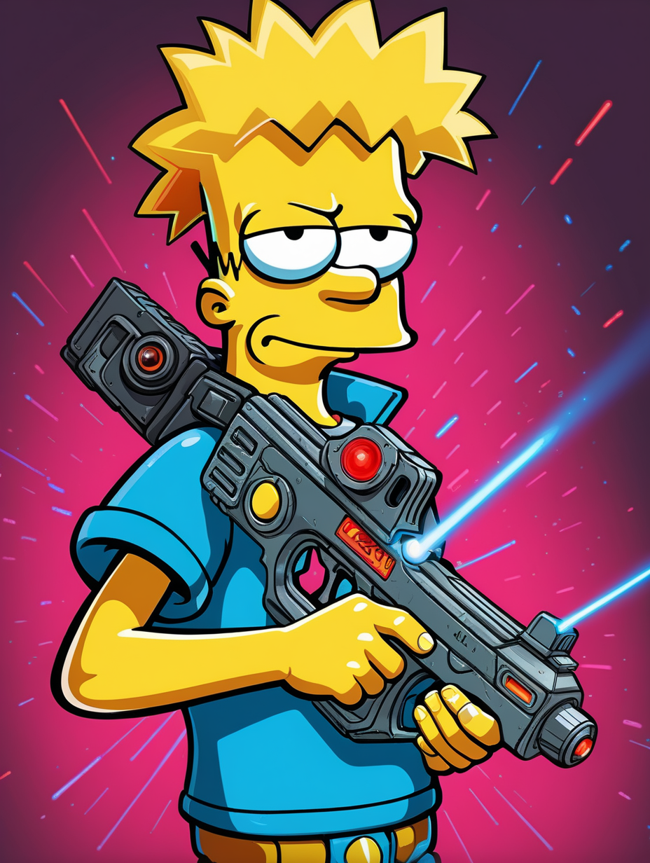 portrait de bart simspon adolescent drôle avec un pistolet de laser tag dans les mains qui regarde devant