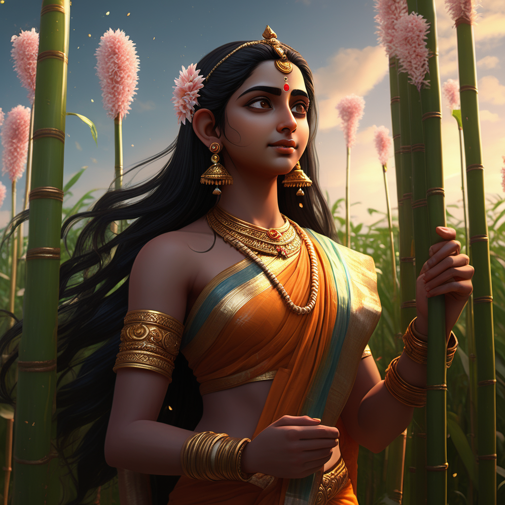 /imagine prompt: 2d, personality: [Illustrate a medium shot of Rama, the prince of Ayodhya, staring in awe at the sight of Sita. She stands amidst swaying sugarcanes, the soft glow of the celestial sky reflecting in her eyes. The wind gently rustles her ebony hair adorned with jasmine blooms. Rama's face should express a mix of fascination and love at the first glimpse of Sita, hinting at the beginning of their destined story]unreal engine, hyper real --q 2 --v .2 --ar 16:9