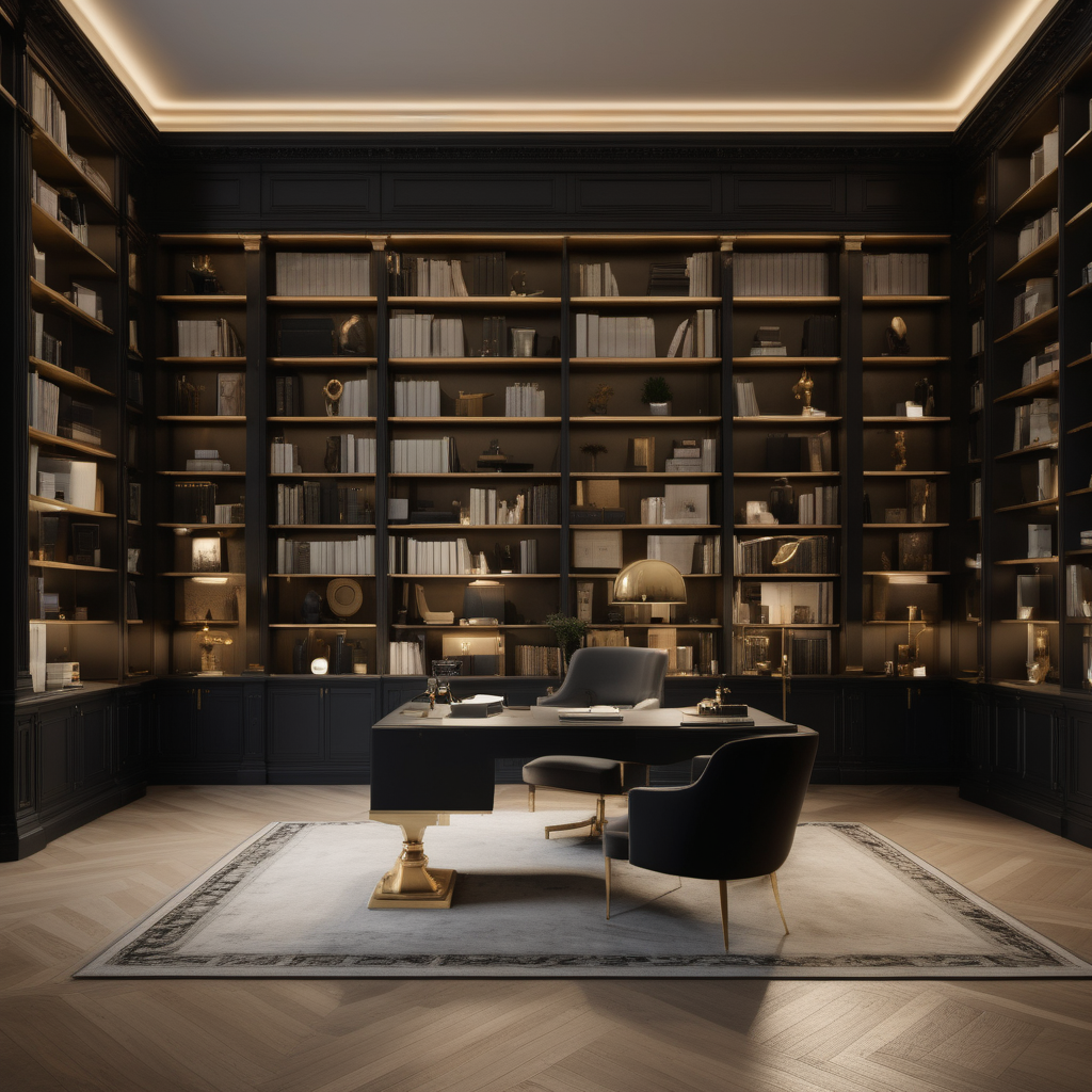 a hyperrealistic grand modern Parisian open plan library and office  at night with mood lighting  in beige, oak, brass and black
