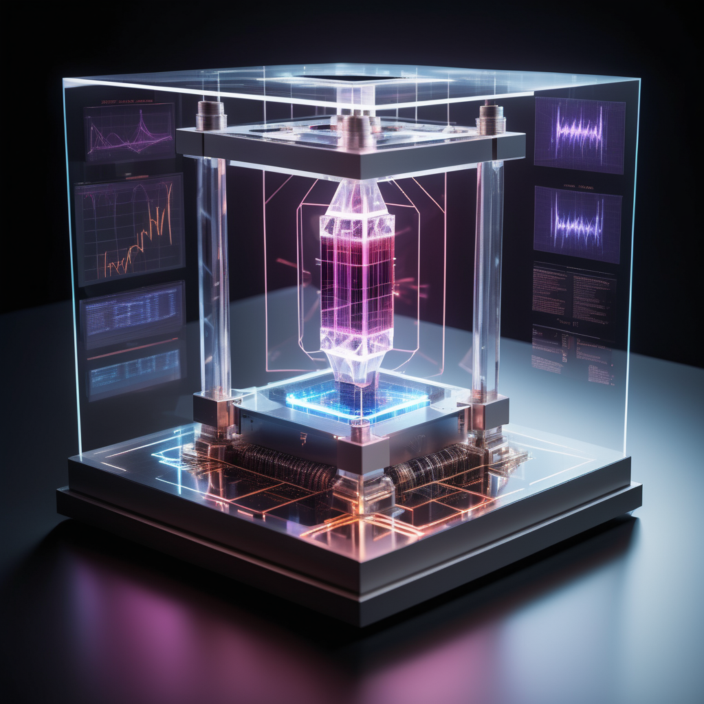 A futuristic technology device surrounded by transparent displays
