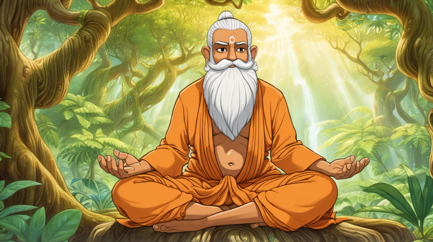 A cartoon rishi in a saffron robe with a white beard in the green jungle meditating under a banyan tree