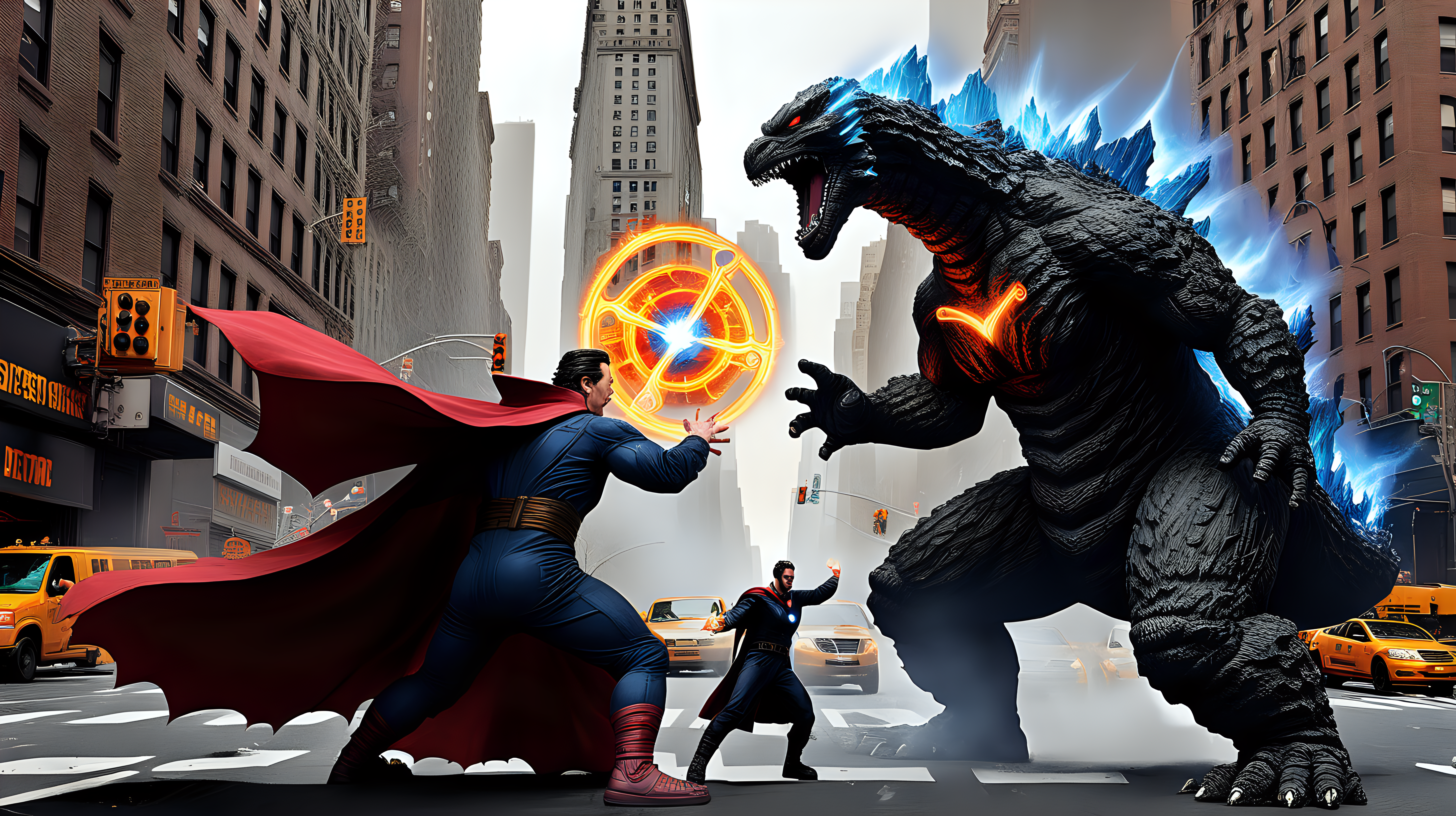 Godzilla fighting Doctor Strange in NYC