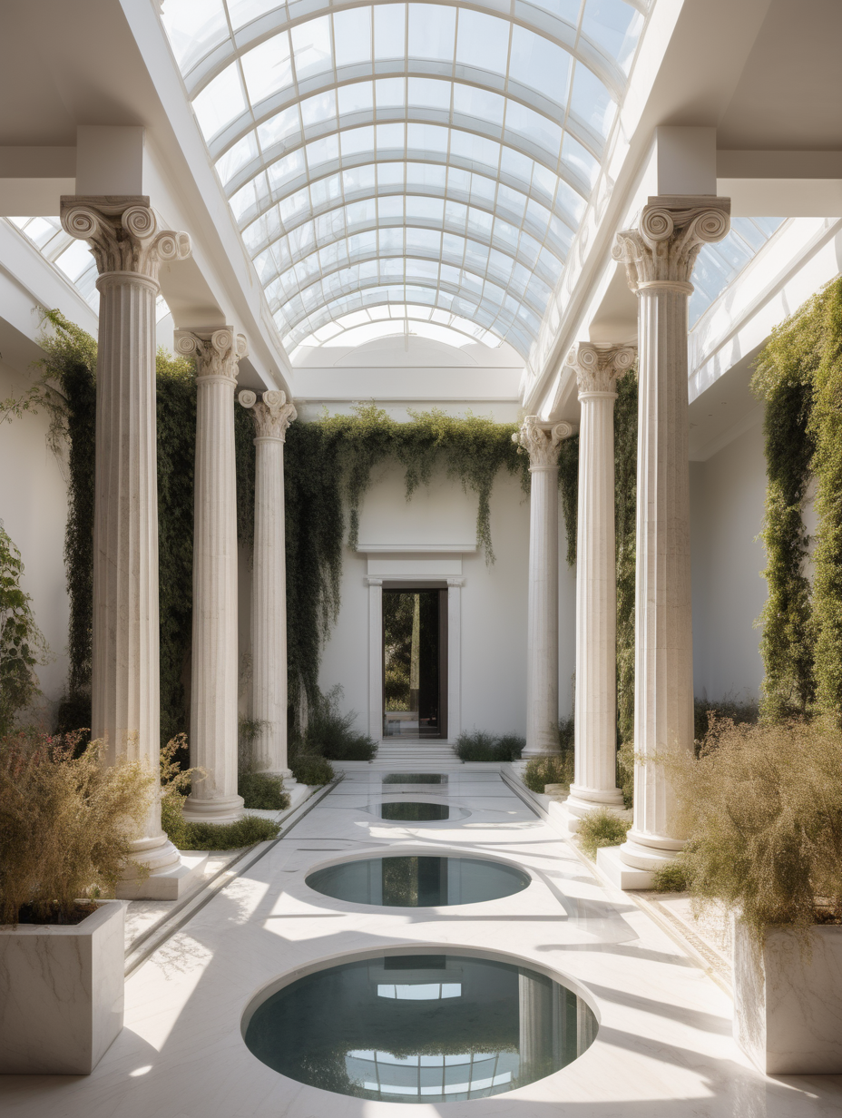 A modern Greek temple with a transparent glass roof and winding paths leading to courtyard gardens surrounded by columns and vines