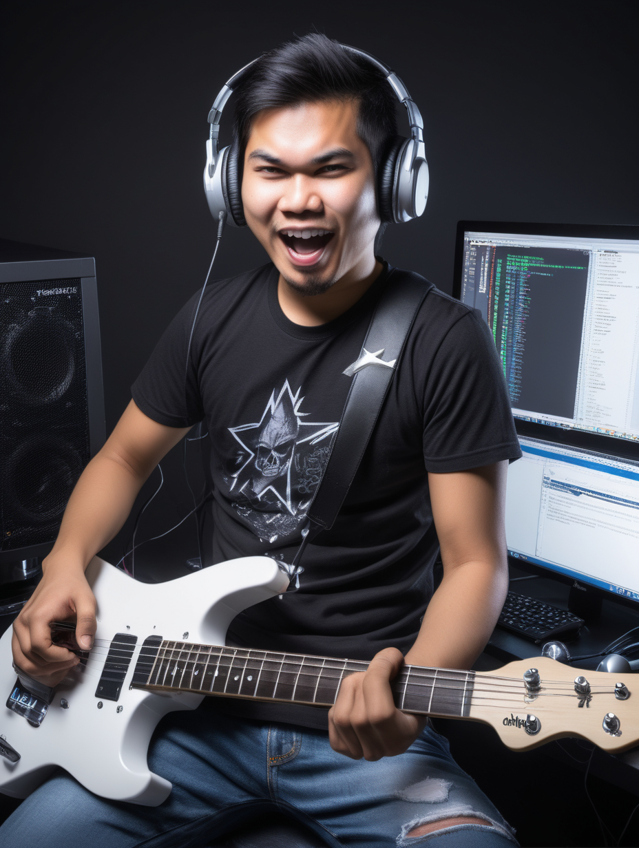 Good looking filipino Software developer combined with a rockstar, at his computer while rocking out.
