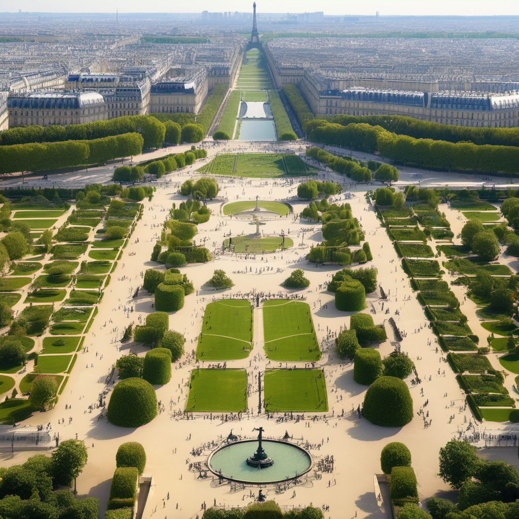 the tuileries gardens in paris, bird eye view,