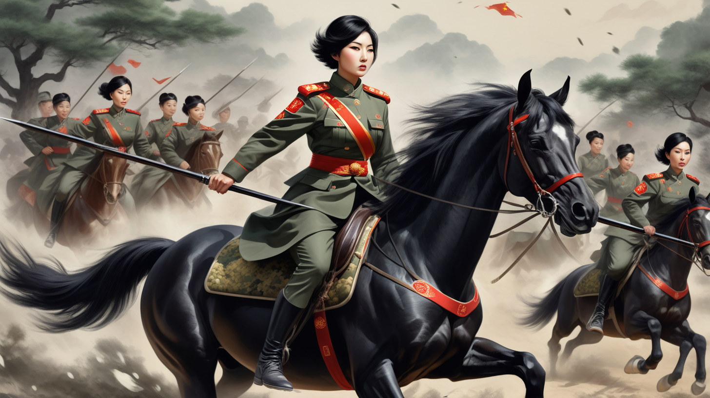 Chinese female soldiersShort hairBlack hairCamouflage leggingsRiding a horseHolding