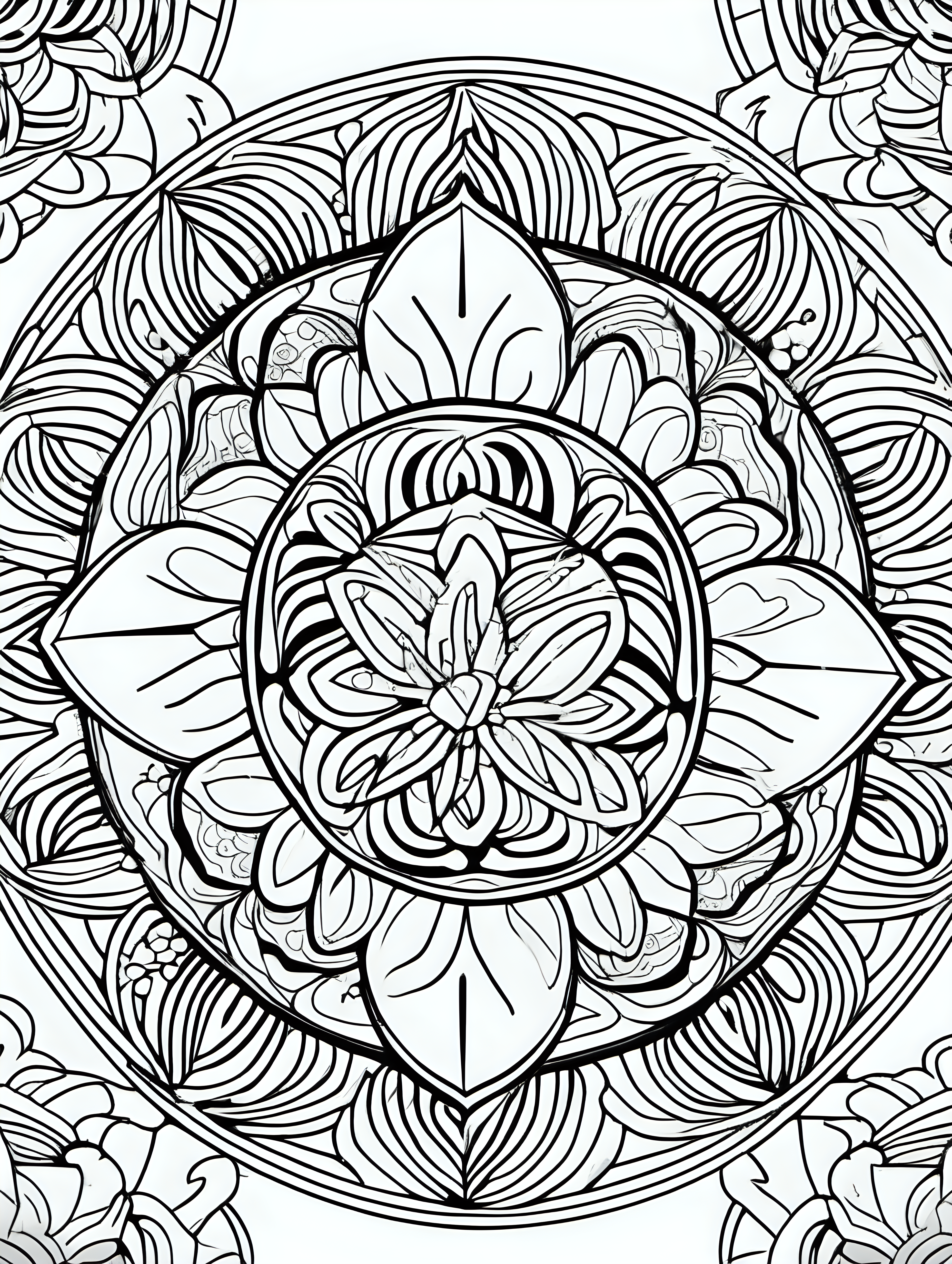 coloring page for adults, mandala for adults, unique floral mandala, thick lines, no background color,  fit mandal in page, simple, line art, full length view –s 750 –v 5.1 --ar 2:3
