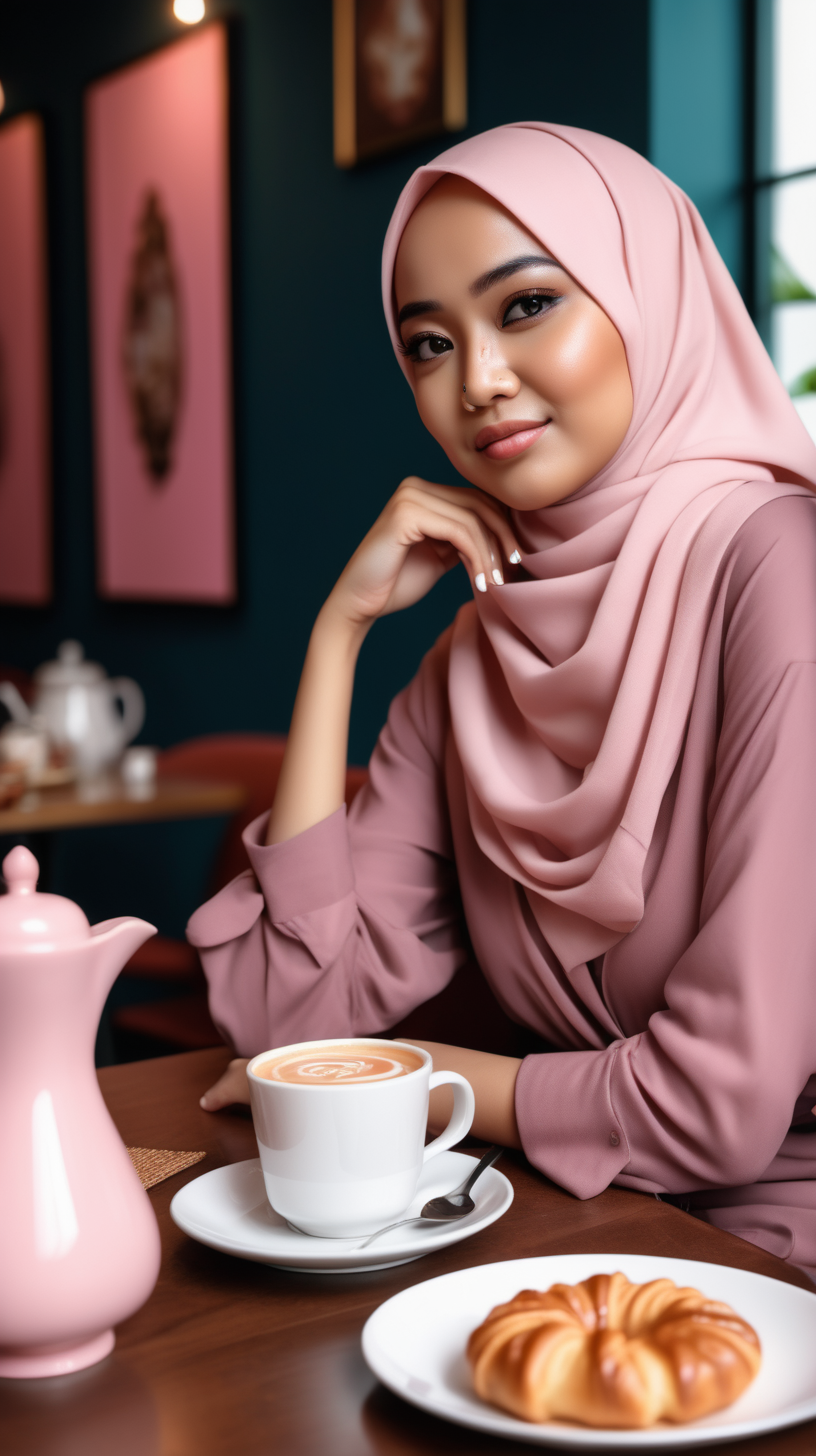 a wide shoot of a malay woman hijab, detail face nose big, eye narrow up, skin acne mild, mix look malay- siam, wearing outfit rockers, sitting at her chair with croissant and salted caramel coffee setting up in table very luxury soft pink theme, realistic, 8k, taken from dslr nikon, instagram style, extremely delicious look