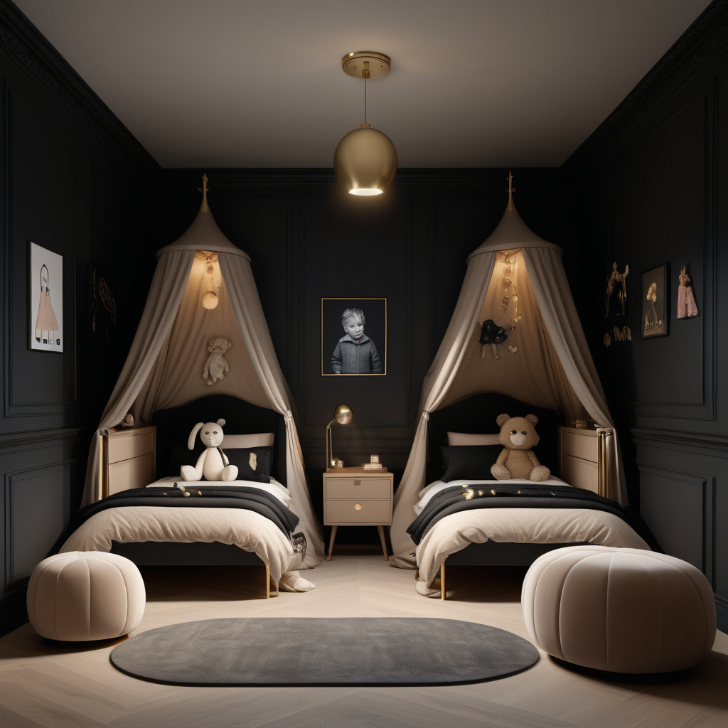a hyperrealistic of a grand modern Parisian childrens shared bedroom at night with mood lighting, a double bed with a canopy, artwork, toybox, desk, in a beige oak brass and black colour palette 

