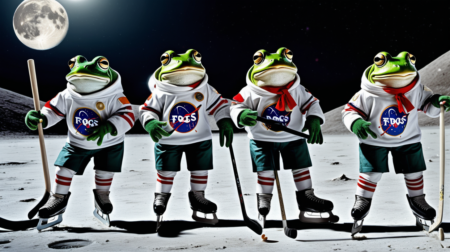 frogs dressed in uniforms and ice skates playing