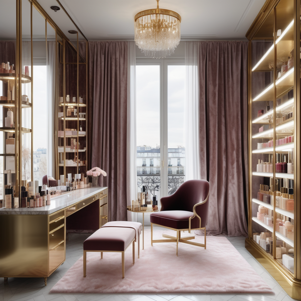 hyperrealistic image of modern Parisian home beauty room with vanity table with lights and velvet chair, brass shelving with beauty products, floor to ceiling windows, silk dressing gown hanging on the wall, a fabric room divider