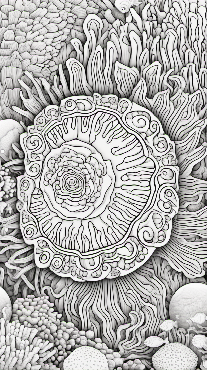 coral reef, mandala background, coloring book page, clean line art, no color