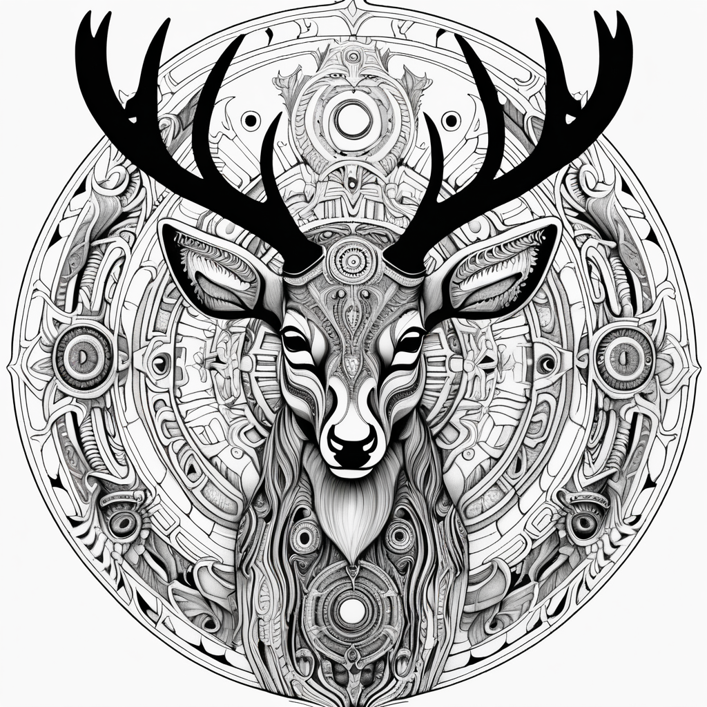 black & white, coloring page, high details, symmetrical mandala, strong lines, male deer with many eyes in style of H.R Giger