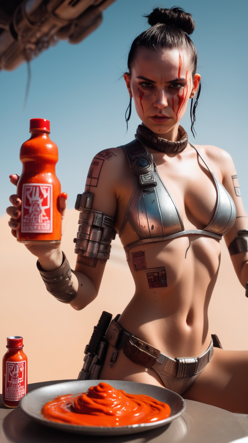 bikini rey shoots hot sauce bottles in cyberpunk dessert