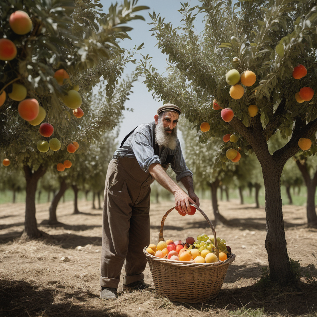 A jewish farmer stands between two trees and puts fruit in a basket