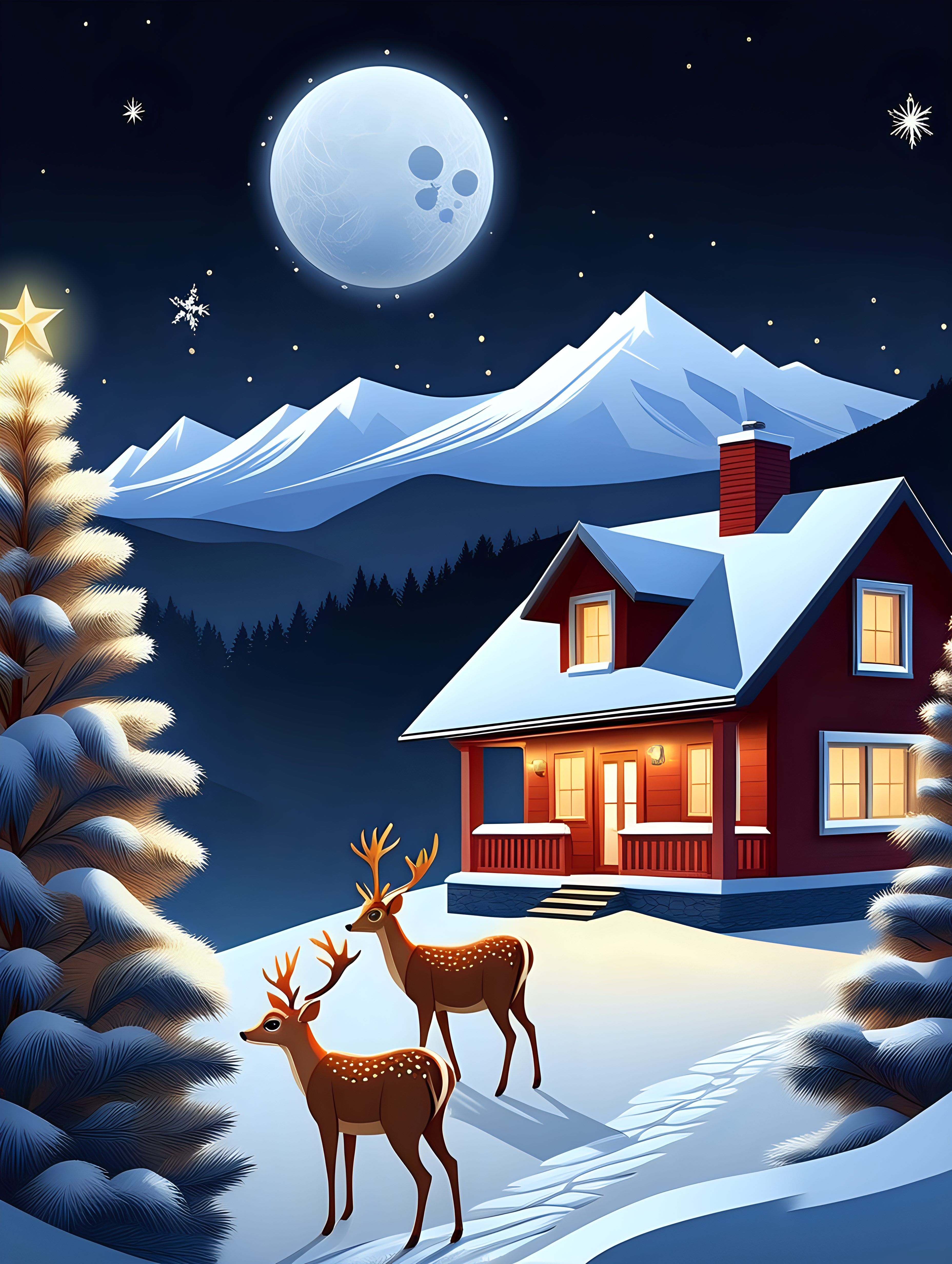 Christmas motif which includes snowcovered mountains a falling