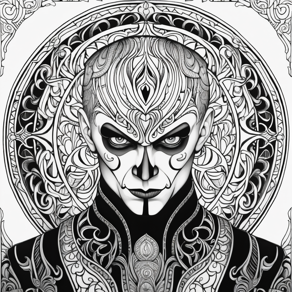 adult coloring page, black & white, strong lines, high details, symmetrical mandala, evil gothic mime full body