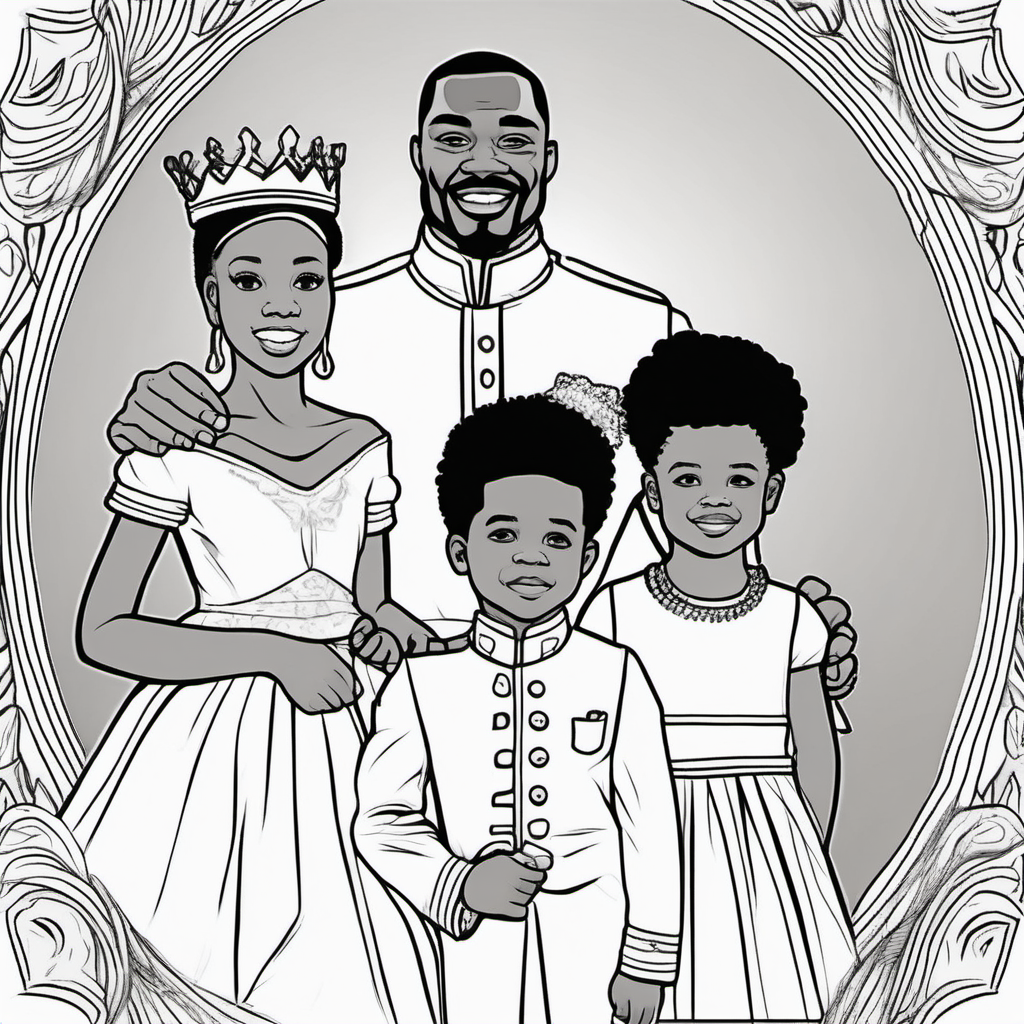 black and white, coloring page, African American father with teen and toddler sons and daughters dressed in royal attire,  no background, no fills, no dither, no gradient on body or hair, no color on body or hair