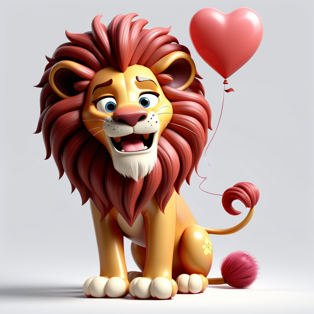 "Sweet Pixar 3D Valentine's Lion" - Imagine an endearing Pixar 3D lion with fluffy mane, playfully with a heart-shaped balloon, set against a clean white backdrop. Ideal for conveying affection. --v 5 --stylize 1000