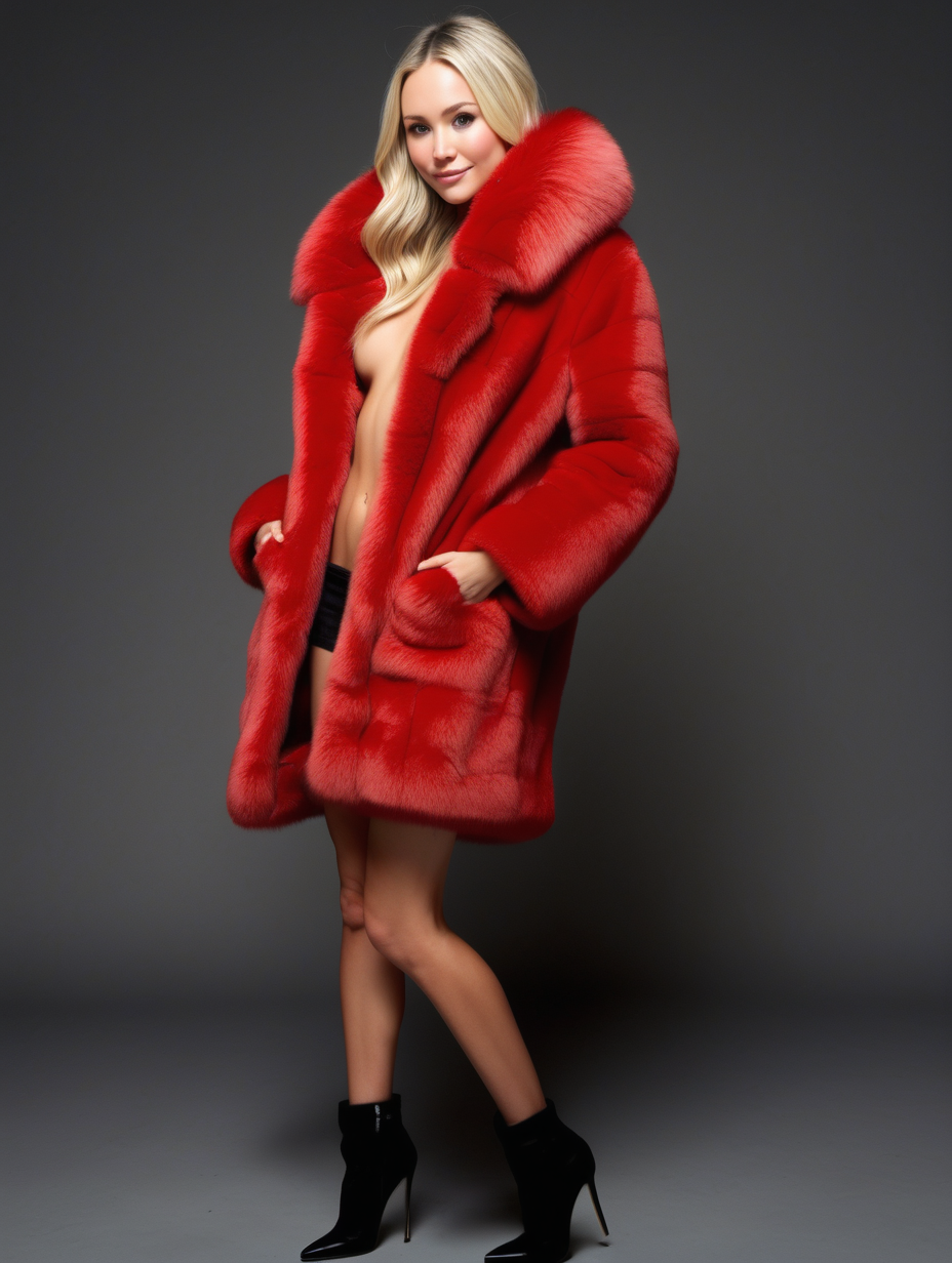 Katrina Bowden naked wearing a  gigantic super fine thick soft red oversized fur coat with massive fine fur collar, full body shot, black high heels, (no ears on hood),hands in pockets