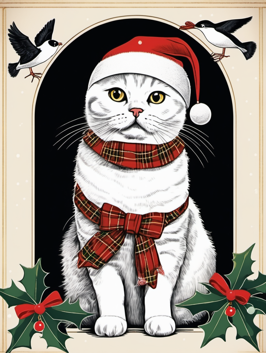 OLD FASHIONED vintage christmas card illustration with a white scottish fold cat and a seagull wearing christmas hats on a black background