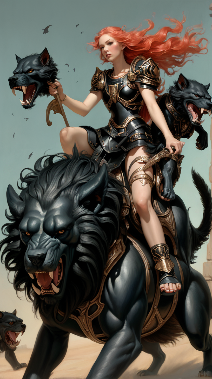 Persephone in black armor riding three headed cerberus 