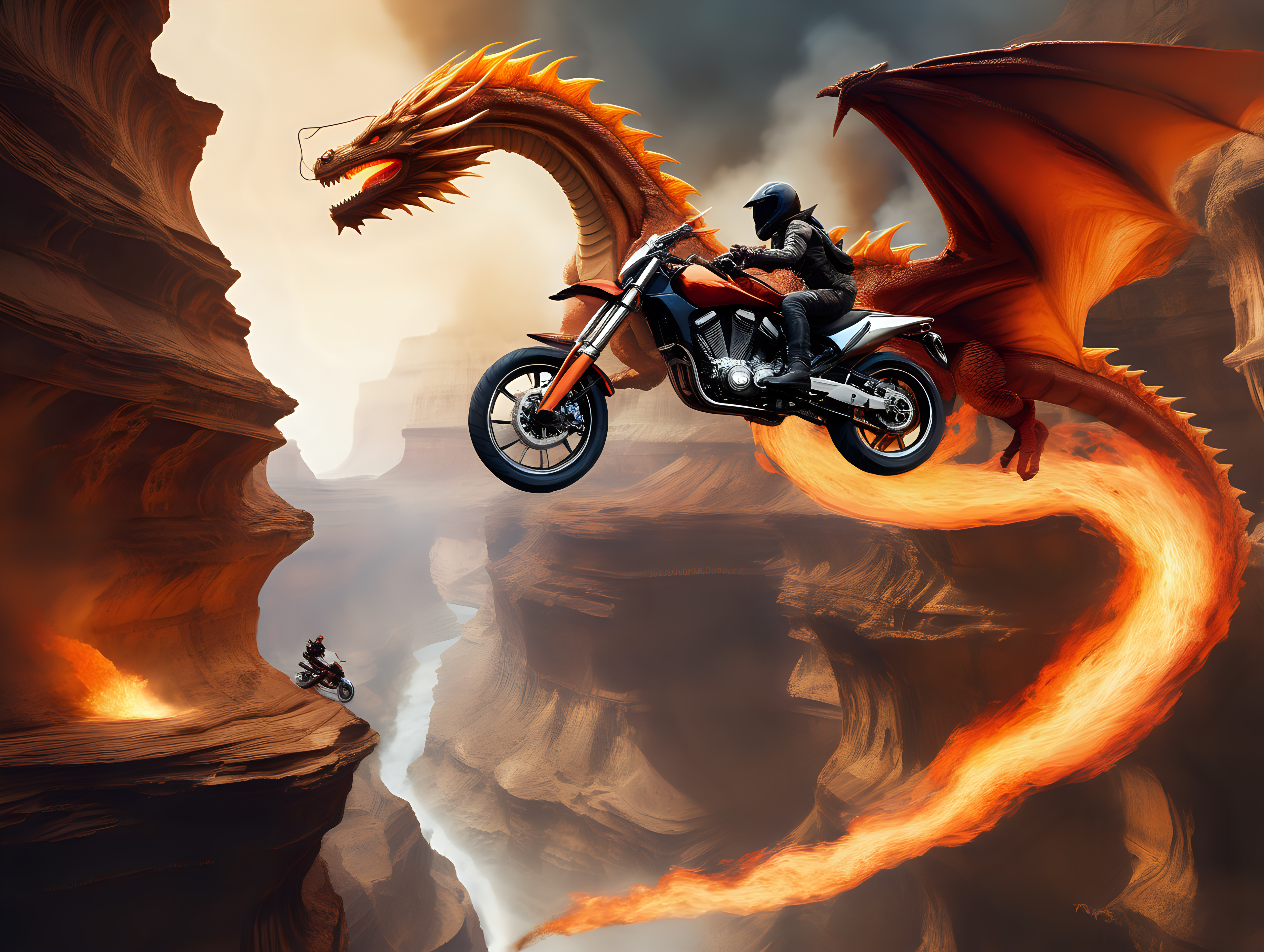 Motorcycle jumping a canyon on Jupiter chased by