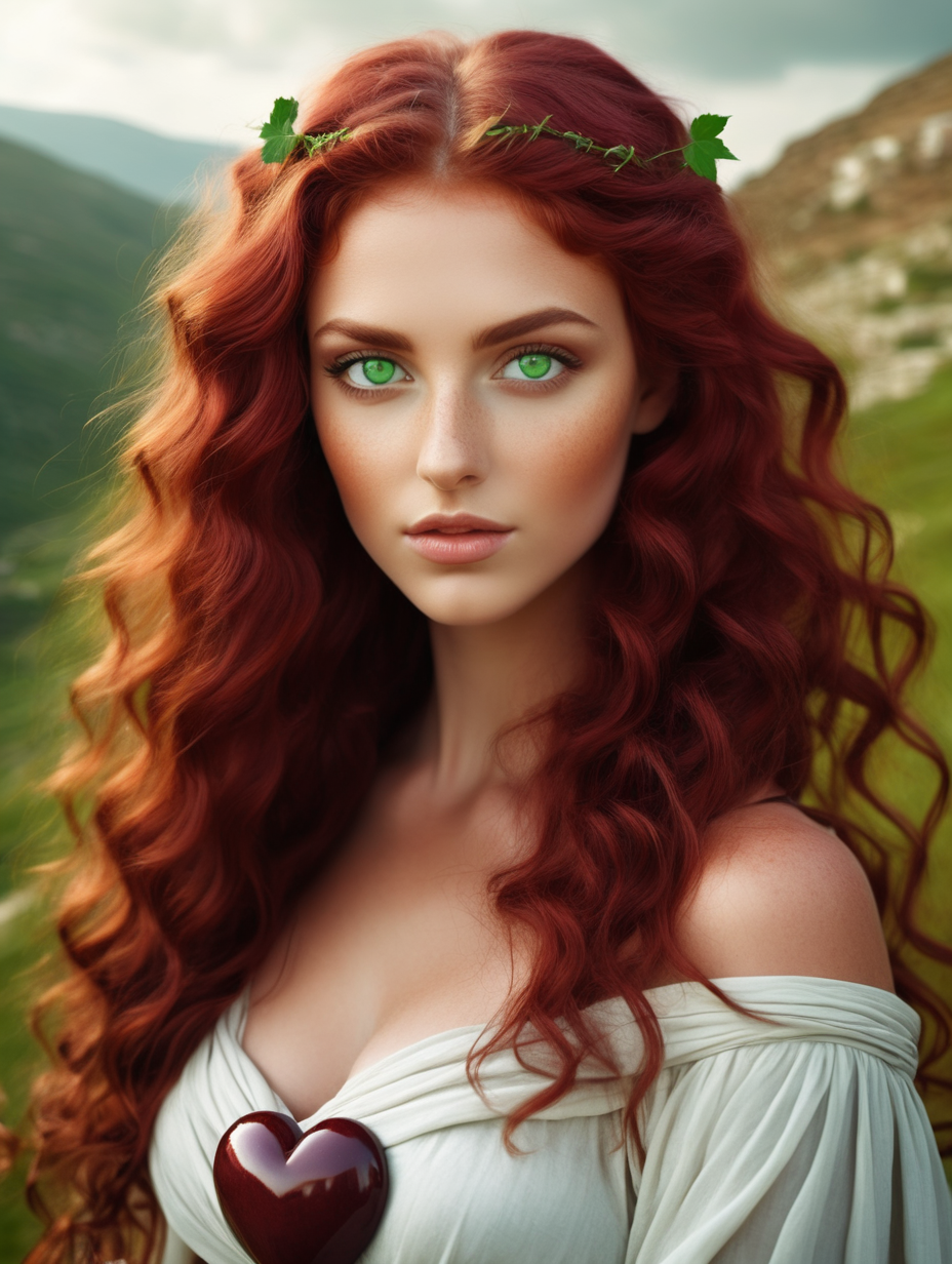 a very beautiful woman with wavy maroon hair, green eyes and a heart shaped face, in a valley. greek mythology 