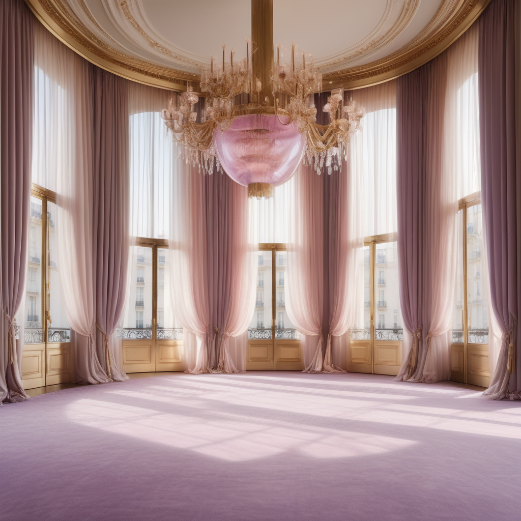 hyperrealistic image of large modern Parisian ballroom, floor to ceiling windows, curves, beige, pink, lilac and brass colour palette, brass chandelier, sheer curtains