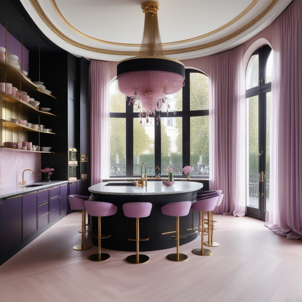 hyperrealistic image of large modern Parisian kitchen with island, floor to ceiling windows, curves, black, pink, lilac and brass colour palette, brass chandelier, sheer curtains