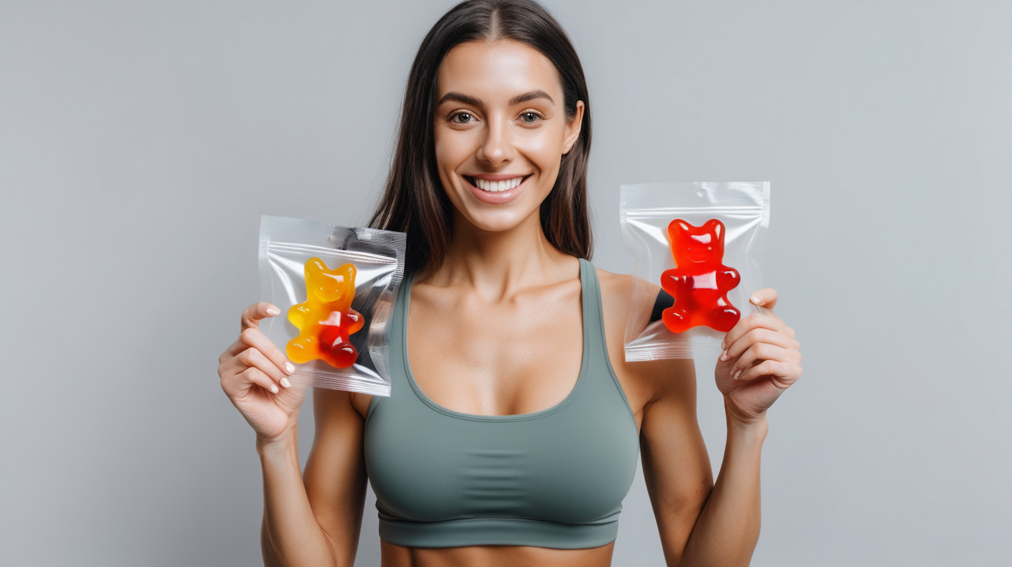 fit woman holding gummy packaging