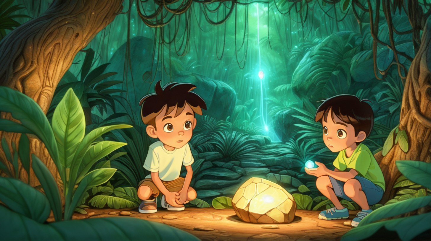 cartoon boy and girl looking at the small glowing stone in a jungle