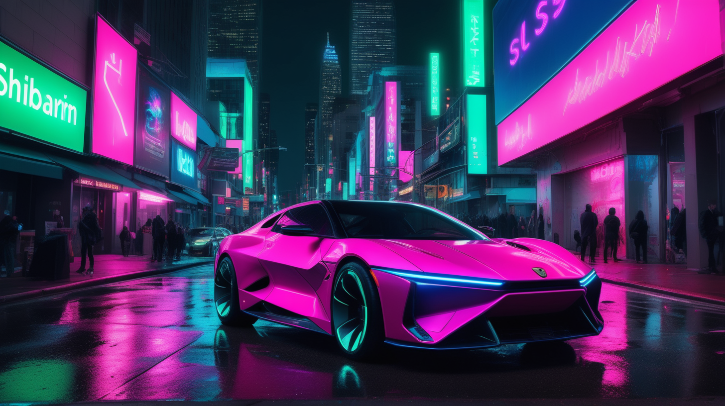 hyper-realistic photograph of neon-lit, synthwave-inspired Wall Street at night, "SHIB" and "SHIBARIUM" in glowing letters on billboards, LED-lit roads with light trails, pavements wet and reflective, a sharply-dressed man stepping out of a sleek, futuristic luxury car, the license plate illuminated with "SHIB", surrounding architecture bathed in vibrant pink, green, and blue neon lights, cybernetic elements intertwined with the classic financial district, Nikon D850, AF-S NIKKOR 24-70mm f/2.8E ED VR, f/4, capturing the movement of light and color --ar 16:9 --v 5 --q 2 --stylize 100

add in a hooded man getting out of the car

make more versions of the first photo you just created