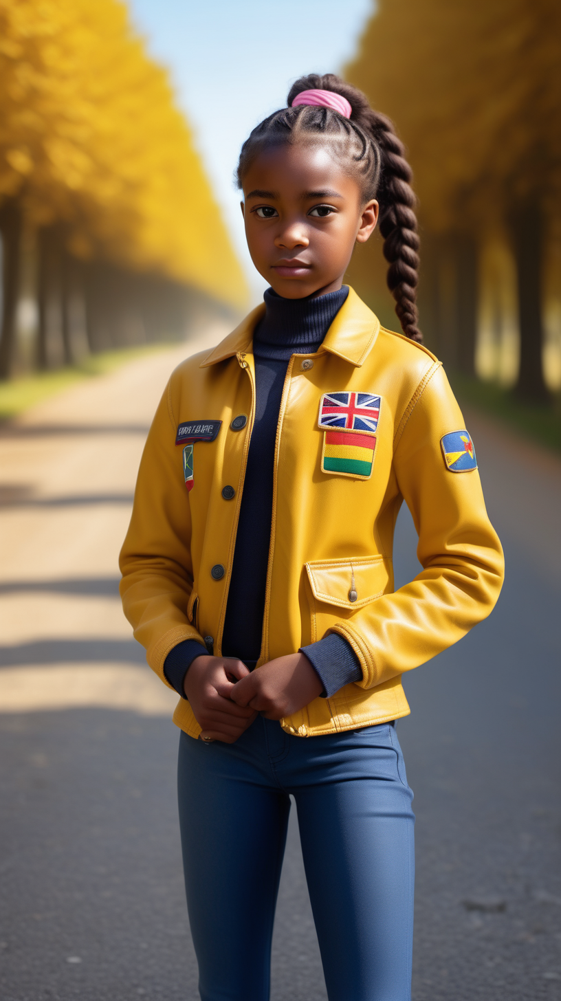 A cute, teen aged dark skinned. black girl, wearing a braided ponytail, wearing a yellow, 3/4 leather safari jacket, wearing an  African flag patch on the front left chest, wearing a light pink, V Neck sweater, wearing tight, Navy Blue Jeggings, standing in France, holding a small, toy race car, 4k, realism, high definition clarity, brilliant early morning sunshine background