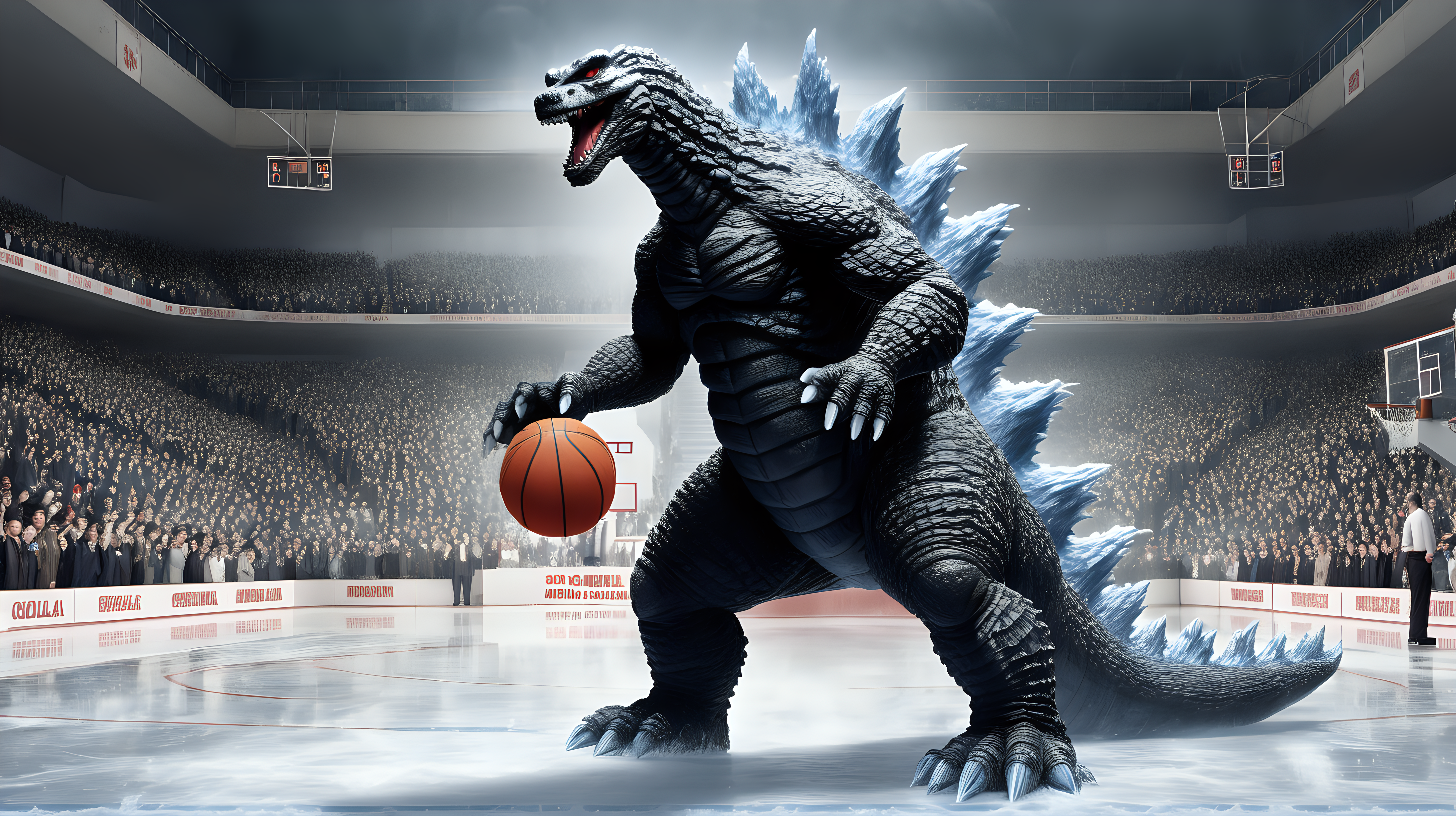 Godzilla playing basketball on ice