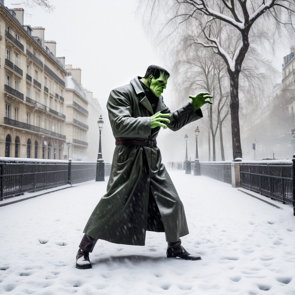 Frankenstein fighting the Invisible Man in Paris in winter snow storm