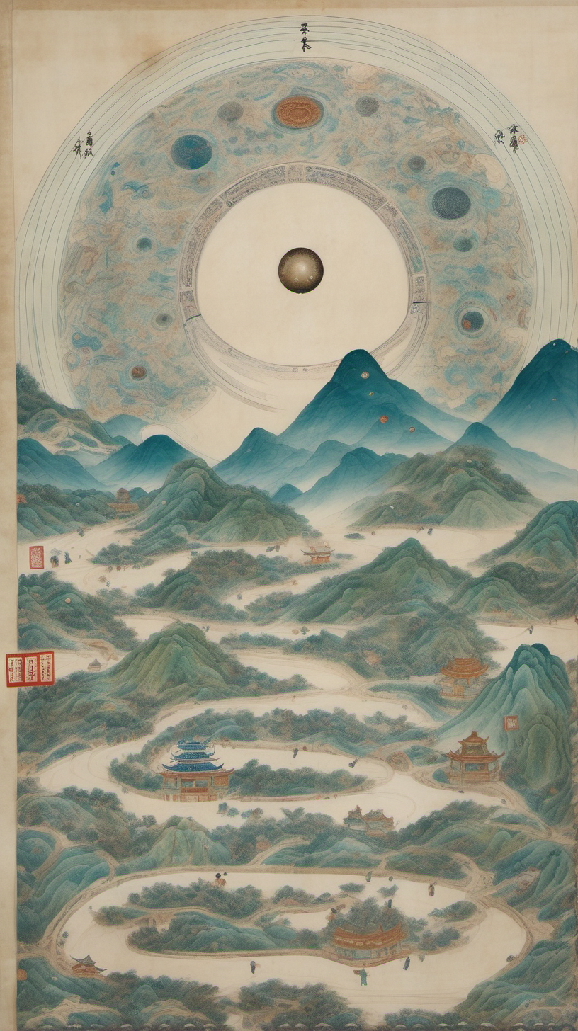 chinese gongbi drawing, with traversable wormhole, other worldly scenery, cosmos, quail eggs, greenblue mountain, underground, ritual