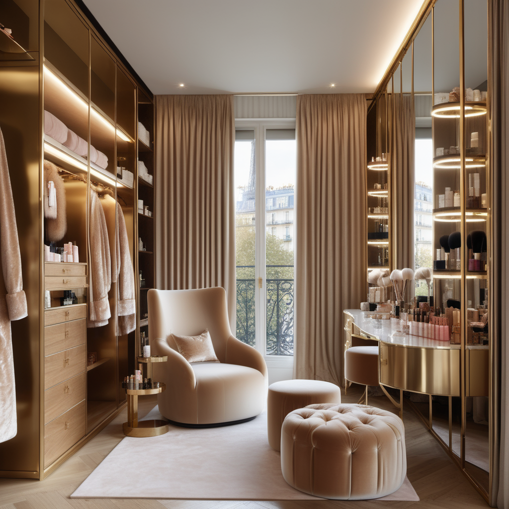 hyperrealistic image of modern Parisian home beauty room with vanity table with lights and velvet chair, brass shelving with beauty products, floor to ceiling windows, full length mirror, silk dressing gown hanging on the wall, a fabric room divider, in a beige, oak, brass  colour palette