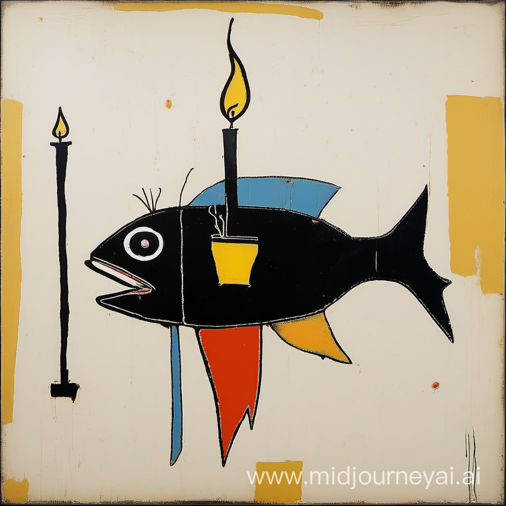 fish with a candle style of JeanMichel Basquiat