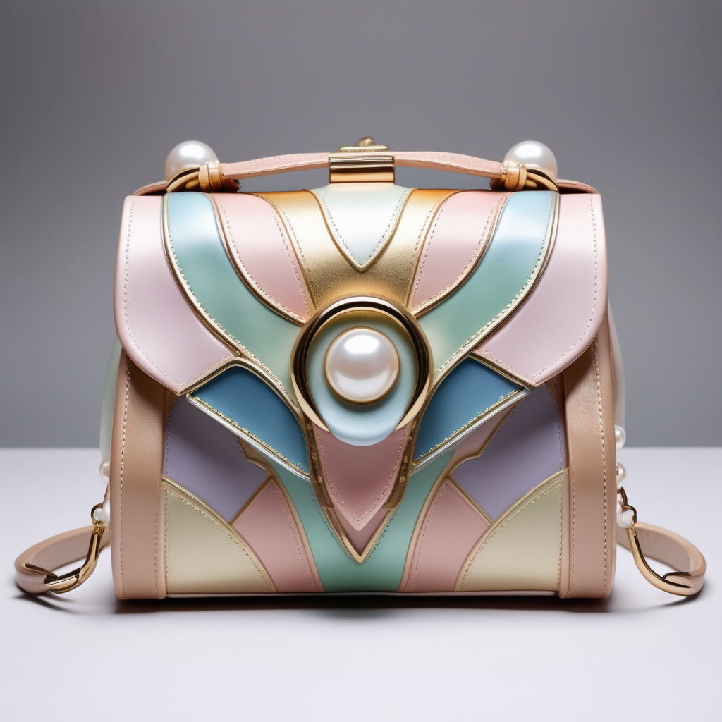 art Nouveau motif inspired luxury small pearly leather bag with flap and metal buckle- geometric shape - frontal view -pastel colors