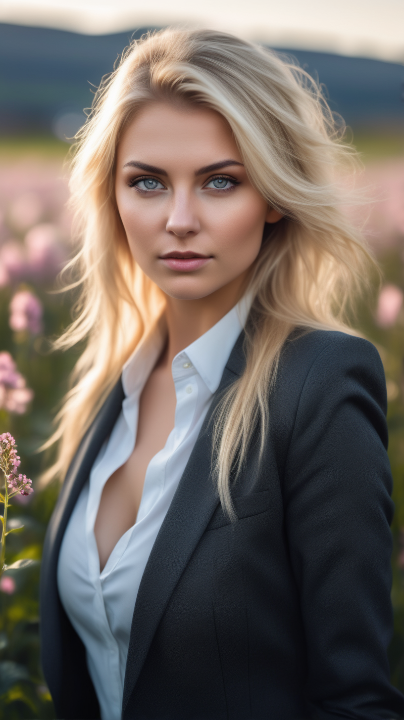 Beautiful Nordic woman, very attractive face, detailed eyes, big breasts, dark eye shadow, messy blonde hair, wearing a business suit, bokeh background, soft light on face, rim lighting, facing away from camera, looking back over her shoulder, standing in a flower field, photorealistic, very high detail, extra wide photo, full body photo, aerial photo