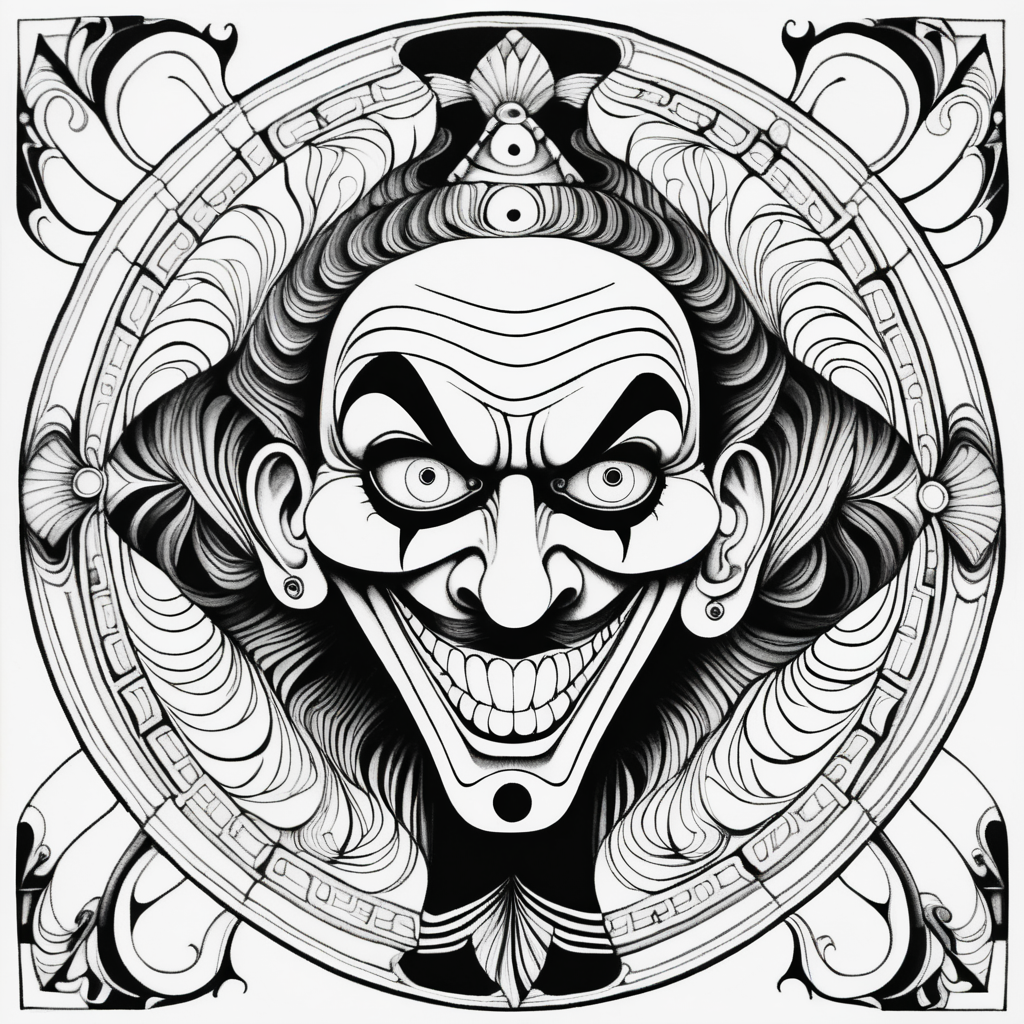 adult coloring page, black & white, strong lines, symmetrical mandala, evil clown in style of Salvador Dali