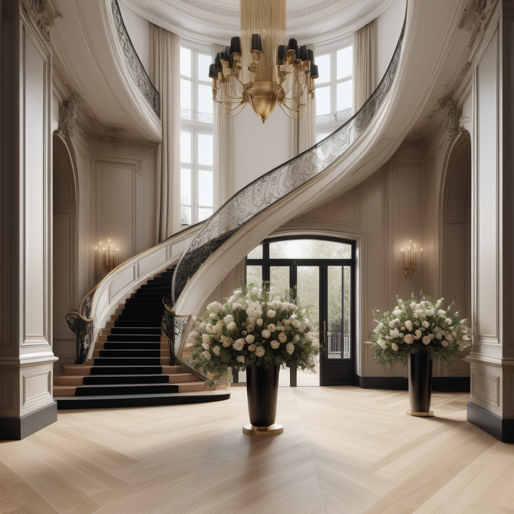 a hyperrealistic image of a grand modern Parisian entrance foyer with curved staircase; floor to ceiling windows; beige, oak, brass and black colour palette; Oak floor; table with bouquets of flowers