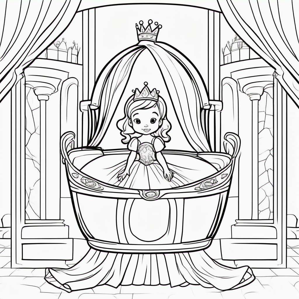 coloring pages for young kids, a baby princess wearing a crown in her royal bassinet  inside her royal nursery inside a castle,cartoon style, thick lines, low detail, no shading  