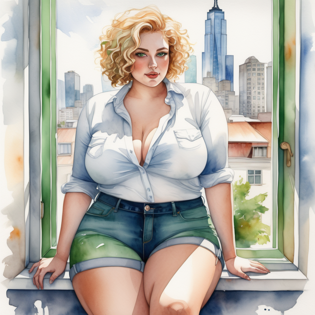 SEXY CURVY , PLUS SIZE,BLONDE, WIDE HIPS, BIG BUTT, SHORT CURLY HAIR, BIG GREEN EYES, DRESSED IN JEANS SHORTS AND A WHITE SHIRT, SITTING WITH LEGS OPEN AT THE WINDOW OF A ROOM OVERLOOKING A BIG CITY, WATERCOLOR PAINT ART.