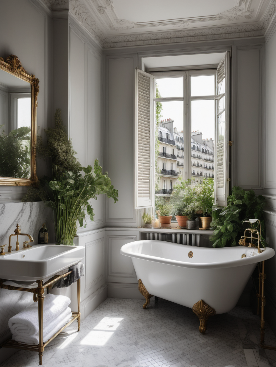 paris interior with window, marble floor tiling 30*30 sentimeters diagonal layout, a lot of plants in vintage white pots under the separate bath in front of the window, brass heated towel rail, brass vintage handles on the window, open Premier French Grey Shutter