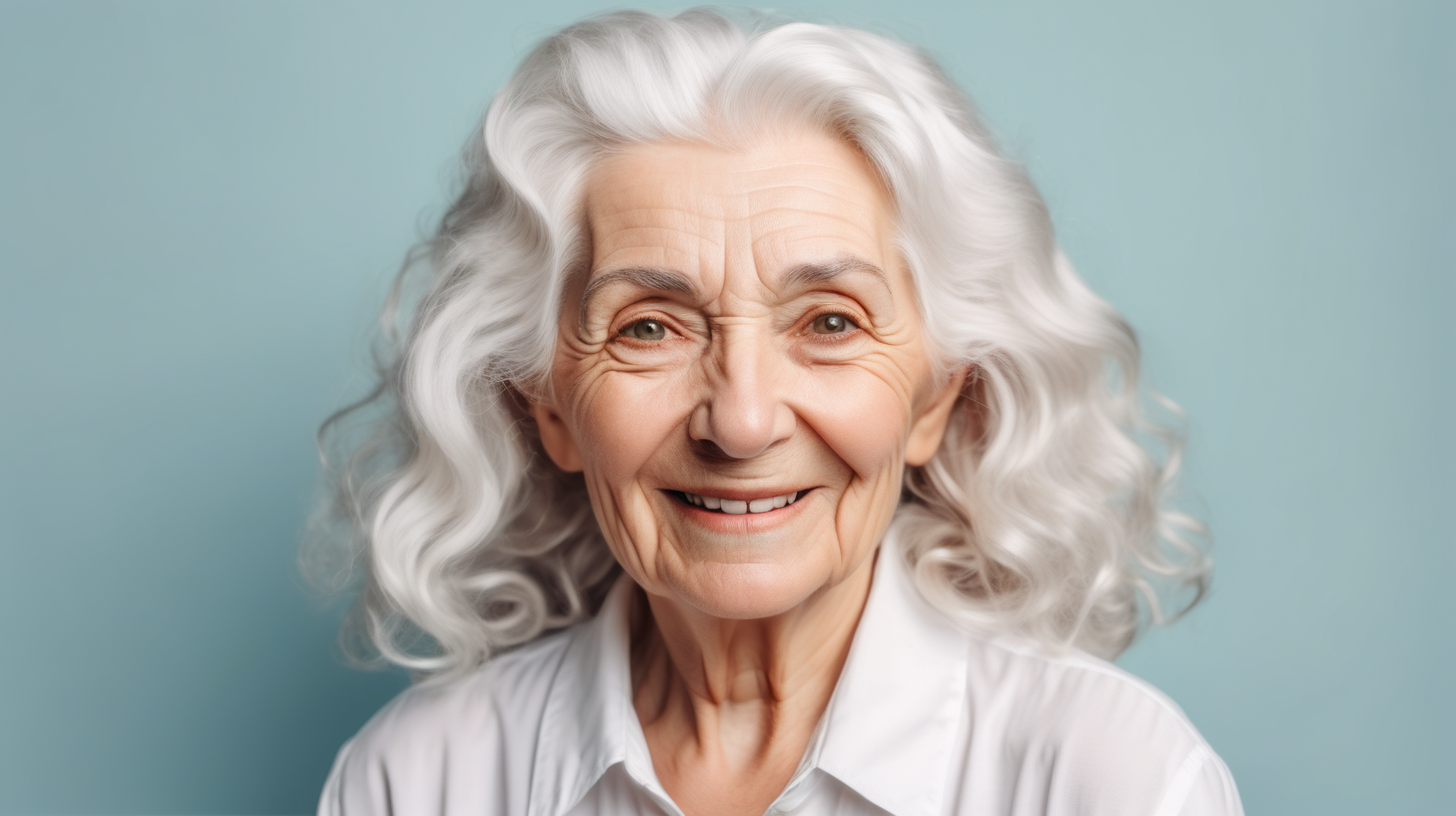 confident old woman with white wavy hair